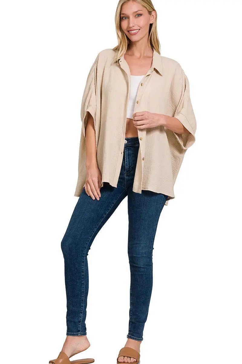 Zenana Double Gauze 3/4 Sleeve Button Up Shirt - Shirts Double Gauze 3/4 Sleeve Button Up Shirt