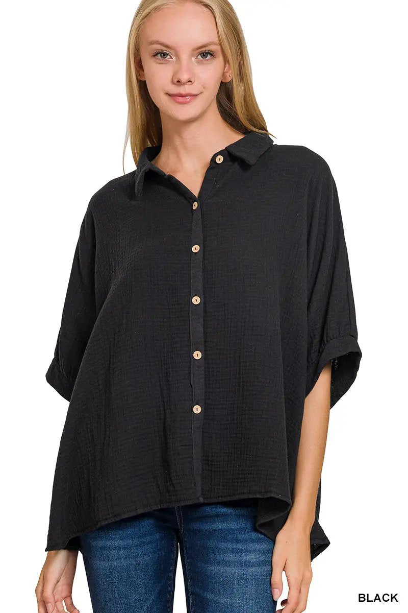 Zenana Double Gauze 3/4 Sleeve Button Up Shirt - Shirts Double Gauze 3/4 Sleeve Button Up Shirt