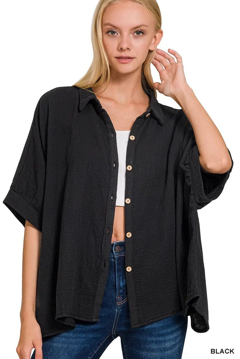 Zenana Double Gauze 3/4 Sleeve Button Up Shirt - Shirts Double Gauze 3/4 Sleeve Button Up Shirt
