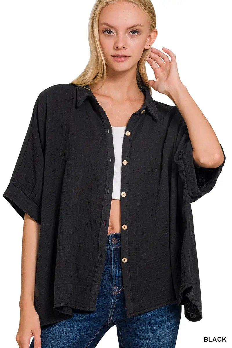 Zenana Double Gauze 3/4 Sleeve Button Up Shirt - Shirts Double Gauze 3/4 Sleeve Button Up Shirt
