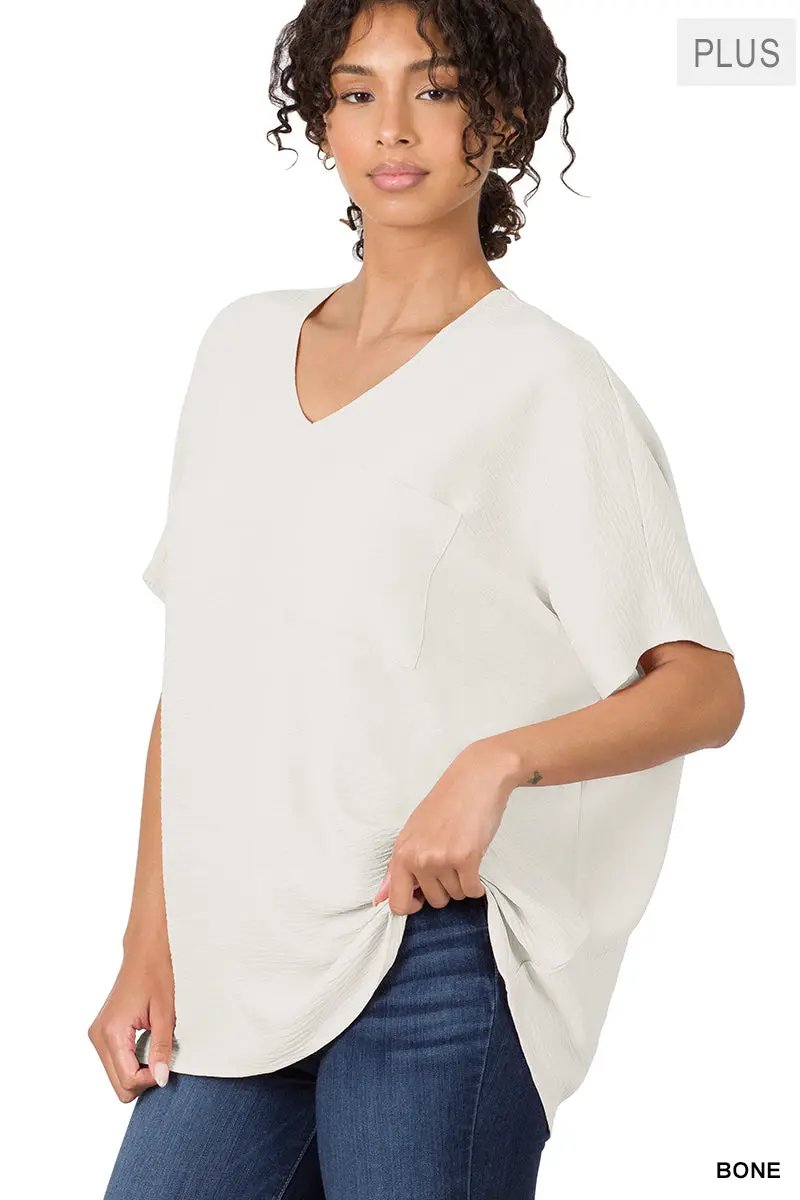 Zenana Zenana Plus Woven Airflow V-Neck Dolman Short Sleeve Top - Blouses Plus Woven Airflow V-Neck Dolman Short Sleeve Top