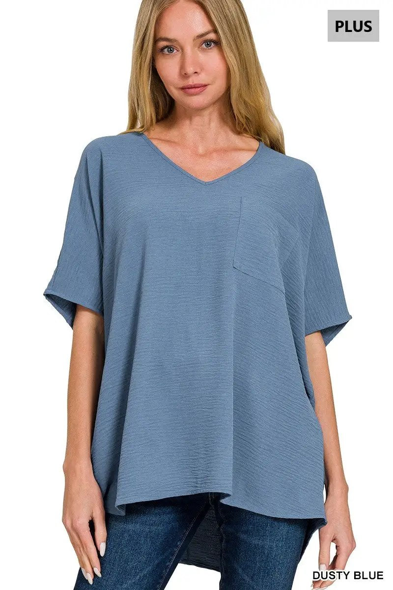 Zenana Zenana Plus Woven Airflow V-Neck Dolman Short Sleeve Top - Blouses Plus Woven Airflow V-Neck Dolman Short Sleeve Top
