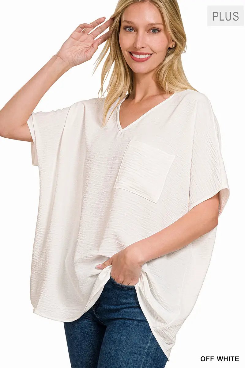 Zenana Zenana Plus Woven Airflow V-Neck Dolman Short Sleeve Top - Blouses Plus Woven Airflow V-Neck Dolman Short Sleeve Top