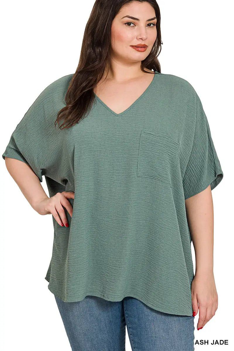 Zenana Zenana Plus Woven Airflow V-Neck Dolman Short Sleeve Top - Blouses Plus Woven Airflow V-Neck Dolman Short Sleeve Top