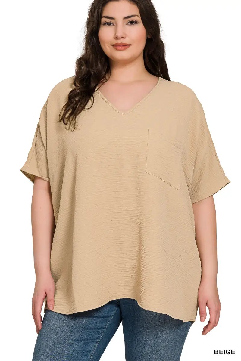 Zenana Zenana Plus Woven Airflow V-Neck Dolman Short Sleeve Top - Blouses Plus Woven Airflow V-Neck Dolman Short Sleeve Top