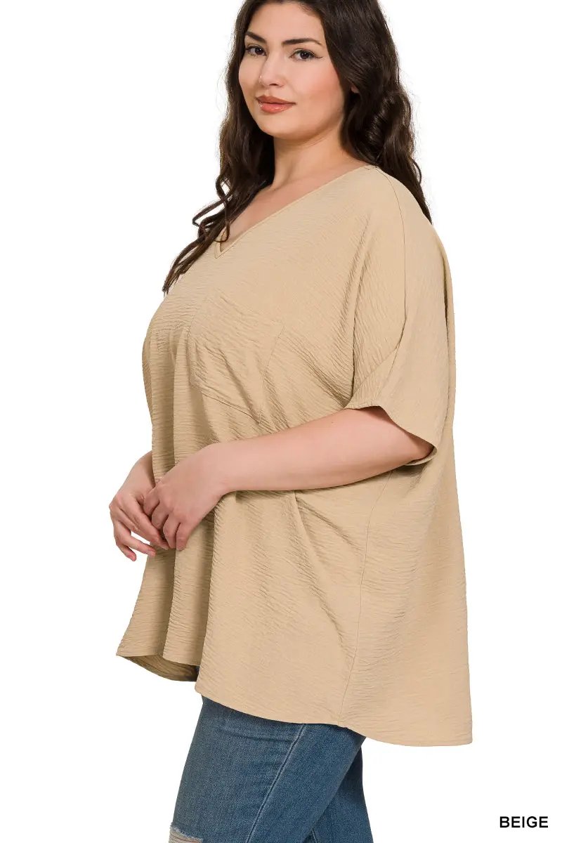 Zenana Zenana Plus Woven Airflow V-Neck Dolman Short Sleeve Top - Blouses Plus Woven Airflow V-Neck Dolman Short Sleeve Top