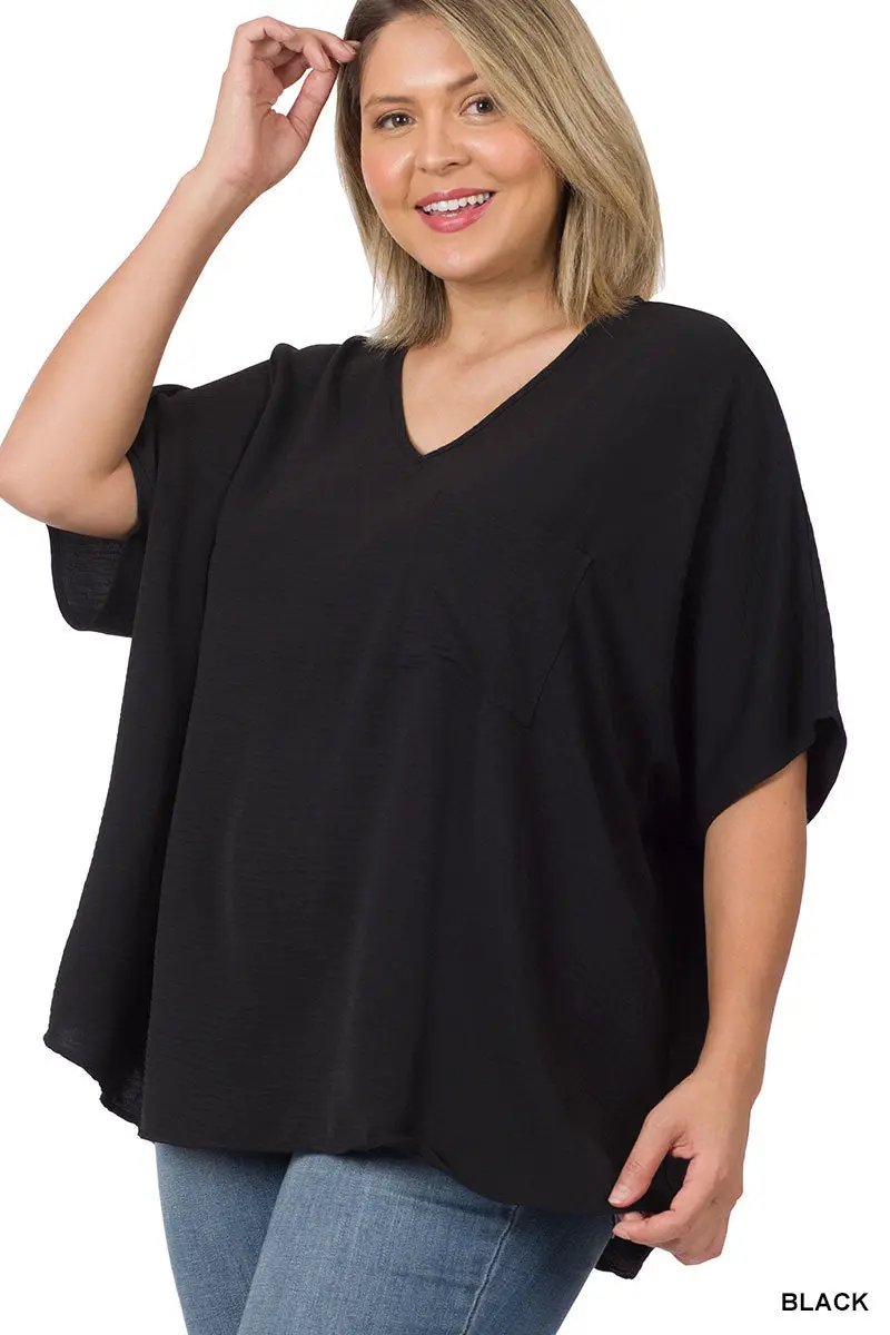 Zenana Zenana Plus Woven Airflow V-Neck Dolman Short Sleeve Top - Blouses Plus Woven Airflow V-Neck Dolman Short Sleeve Top