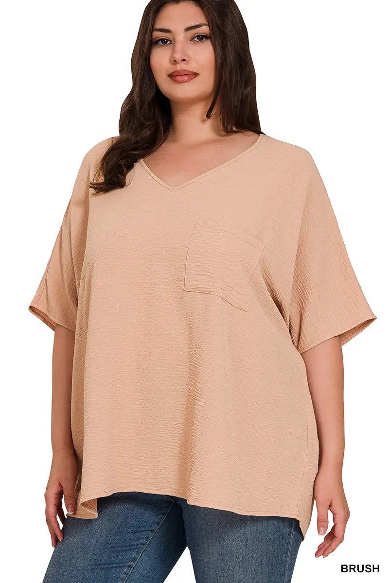 Zenana Zenana Plus Woven Airflow V-Neck Dolman Short Sleeve Top - Blouses Plus Woven Airflow V-Neck Dolman Short Sleeve Top