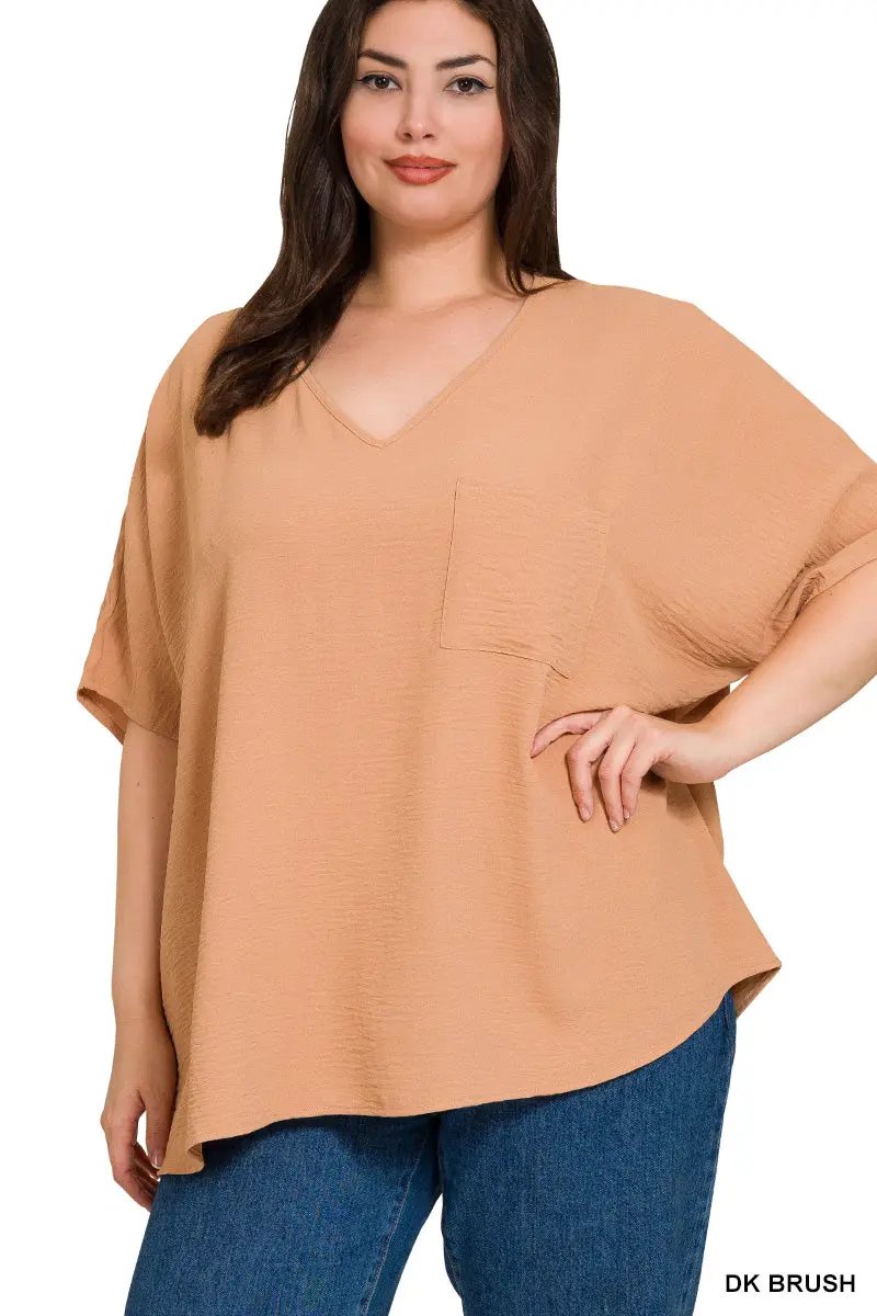 Zenana Zenana Plus Woven Airflow V-Neck Dolman Short Sleeve Top - Blouses Plus Woven Airflow V-Neck Dolman Short Sleeve Top