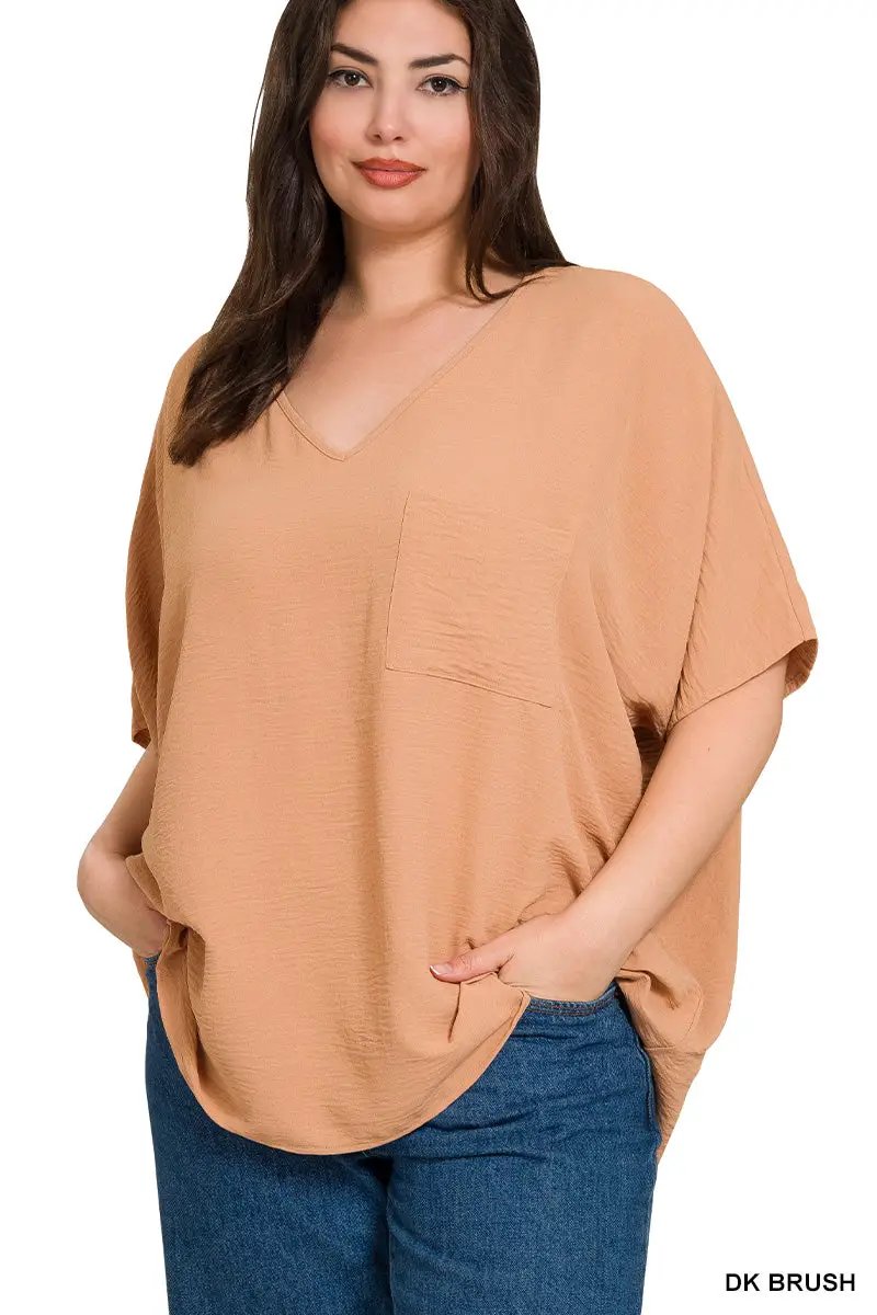 Zenana Zenana Plus Woven Airflow V-Neck Dolman Short Sleeve Top - Blouses Plus Woven Airflow V-Neck Dolman Short Sleeve Top