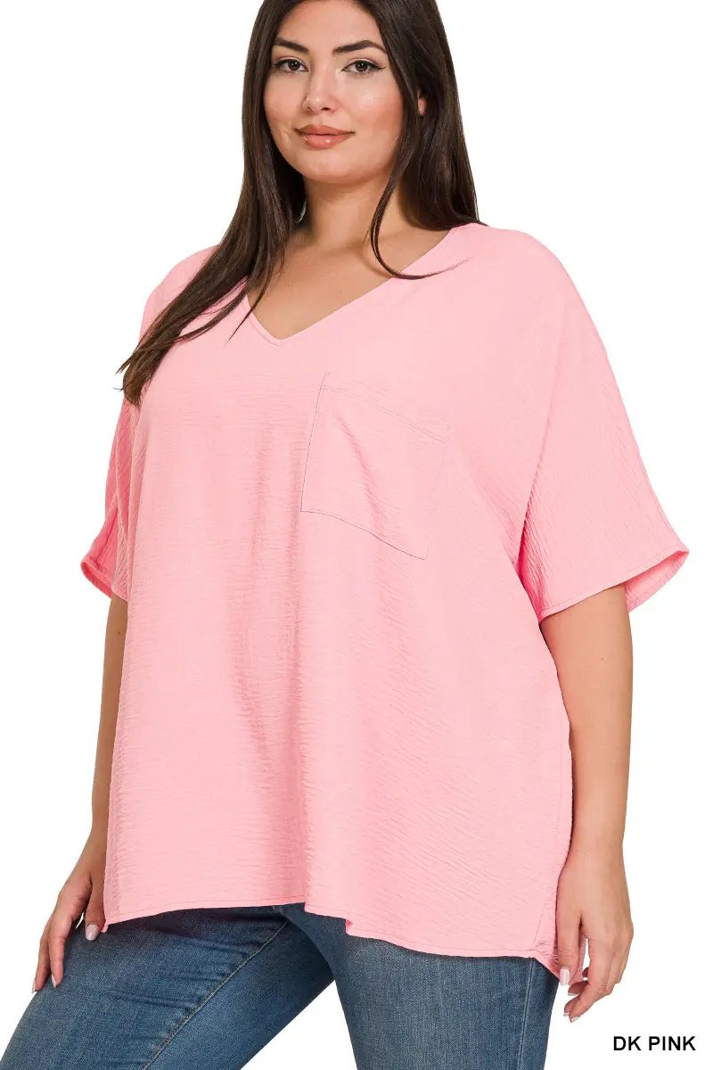 Zenana Zenana Plus Woven Airflow V-Neck Dolman Short Sleeve Top - Blouses Plus Woven Airflow V-Neck Dolman Short Sleeve Top