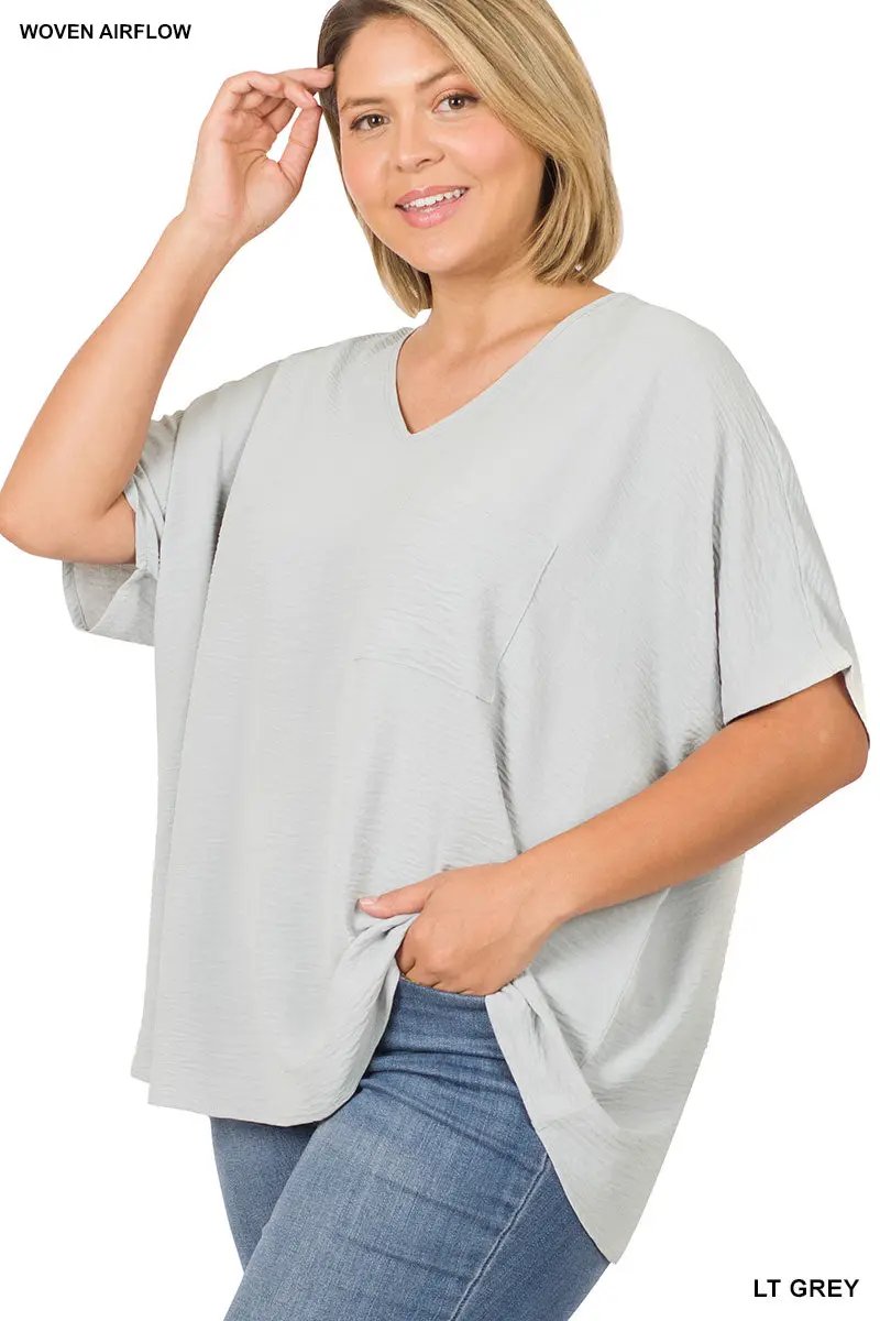 Zenana Zenana Plus Woven Airflow V-Neck Dolman Short Sleeve Top - Blouses Plus Woven Airflow V-Neck Dolman Short Sleeve Top