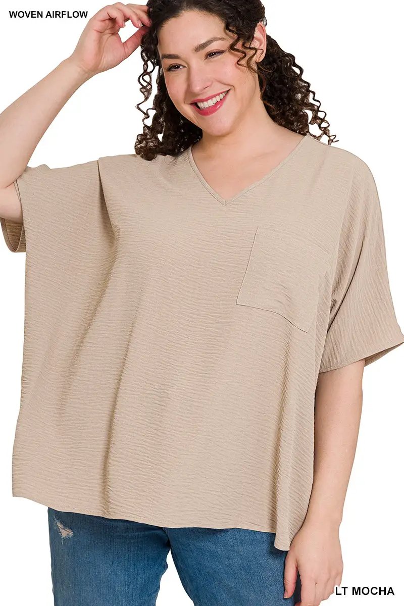 Zenana Zenana Plus Woven Airflow V-Neck Dolman Short Sleeve Top - Blouses Plus Woven Airflow V-Neck Dolman Short Sleeve Top