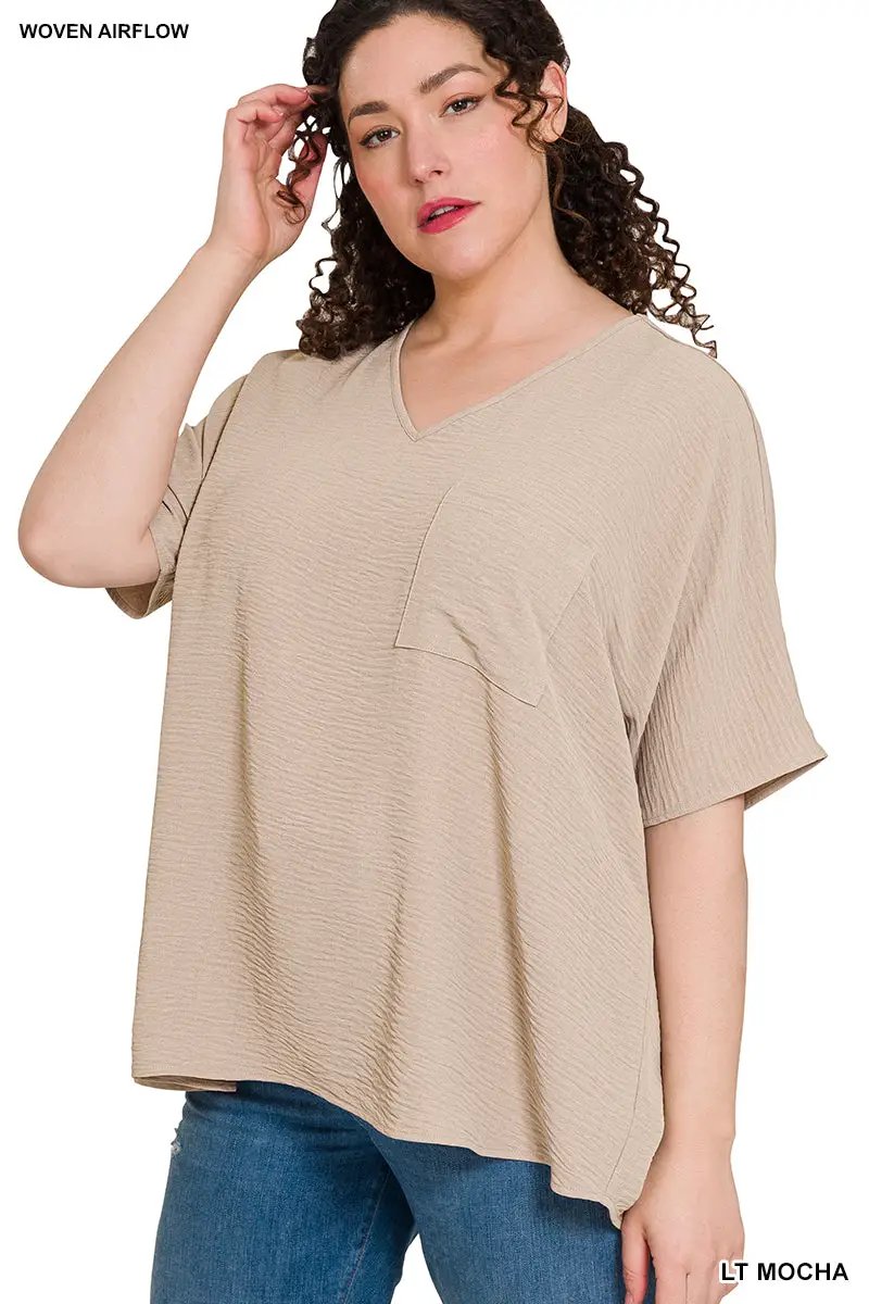 Zenana Zenana Plus Woven Airflow V-Neck Dolman Short Sleeve Top - Blouses Plus Woven Airflow V-Neck Dolman Short Sleeve Top