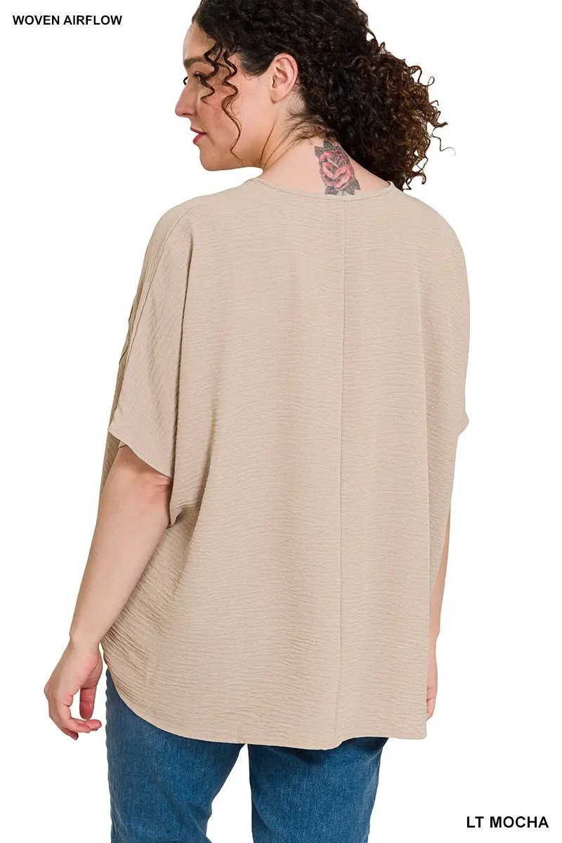 Zenana Zenana Plus Woven Airflow V-Neck Dolman Short Sleeve Top - Blouses Plus Woven Airflow V-Neck Dolman Short Sleeve Top
