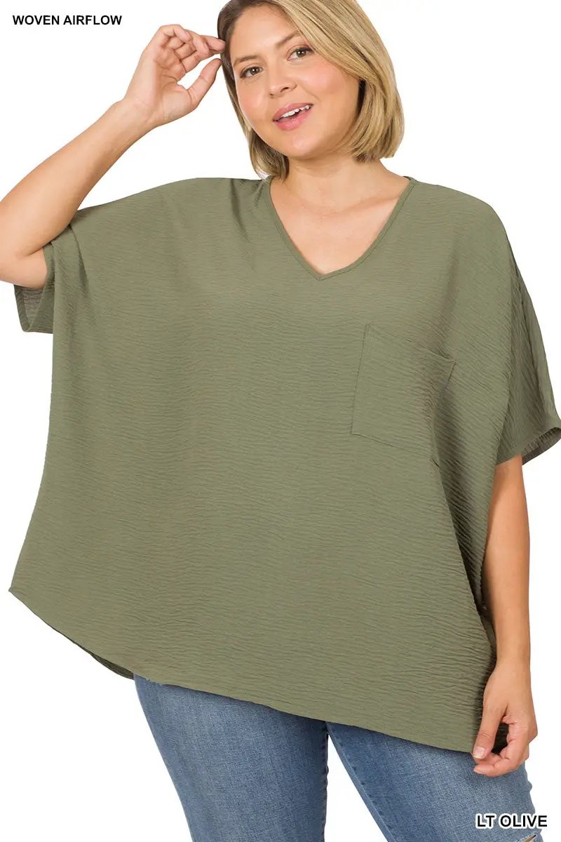 Zenana Zenana Plus Woven Airflow V-Neck Dolman Short Sleeve Top - Blouses Plus Woven Airflow V-Neck Dolman Short Sleeve Top