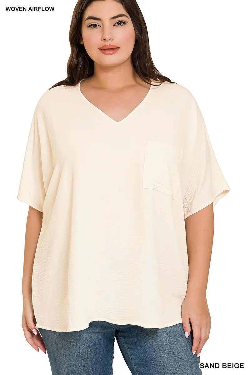 Zenana Zenana Plus Woven Airflow V-Neck Dolman Short Sleeve Top - Blouses Plus Woven Airflow V-Neck Dolman Short Sleeve Top
