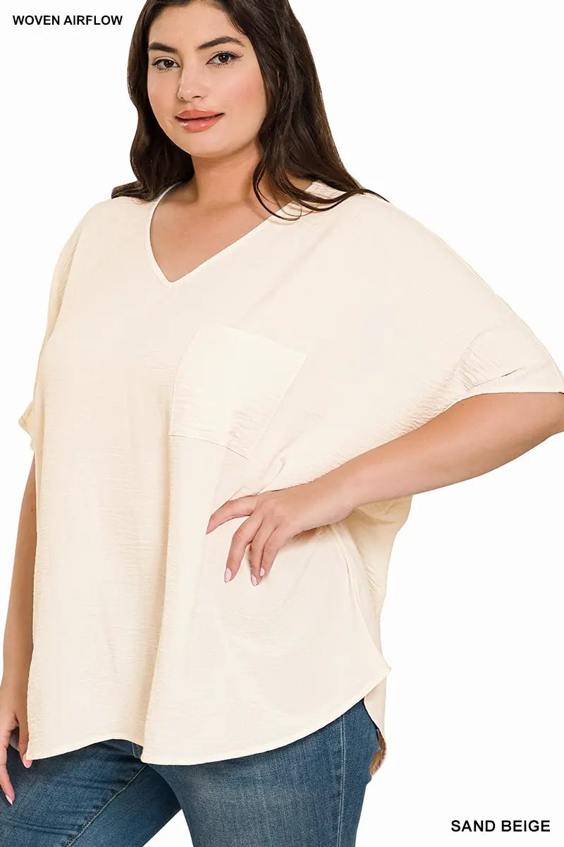 Zenana Zenana Plus Woven Airflow V-Neck Dolman Short Sleeve Top - Blouses Plus Woven Airflow V-Neck Dolman Short Sleeve Top