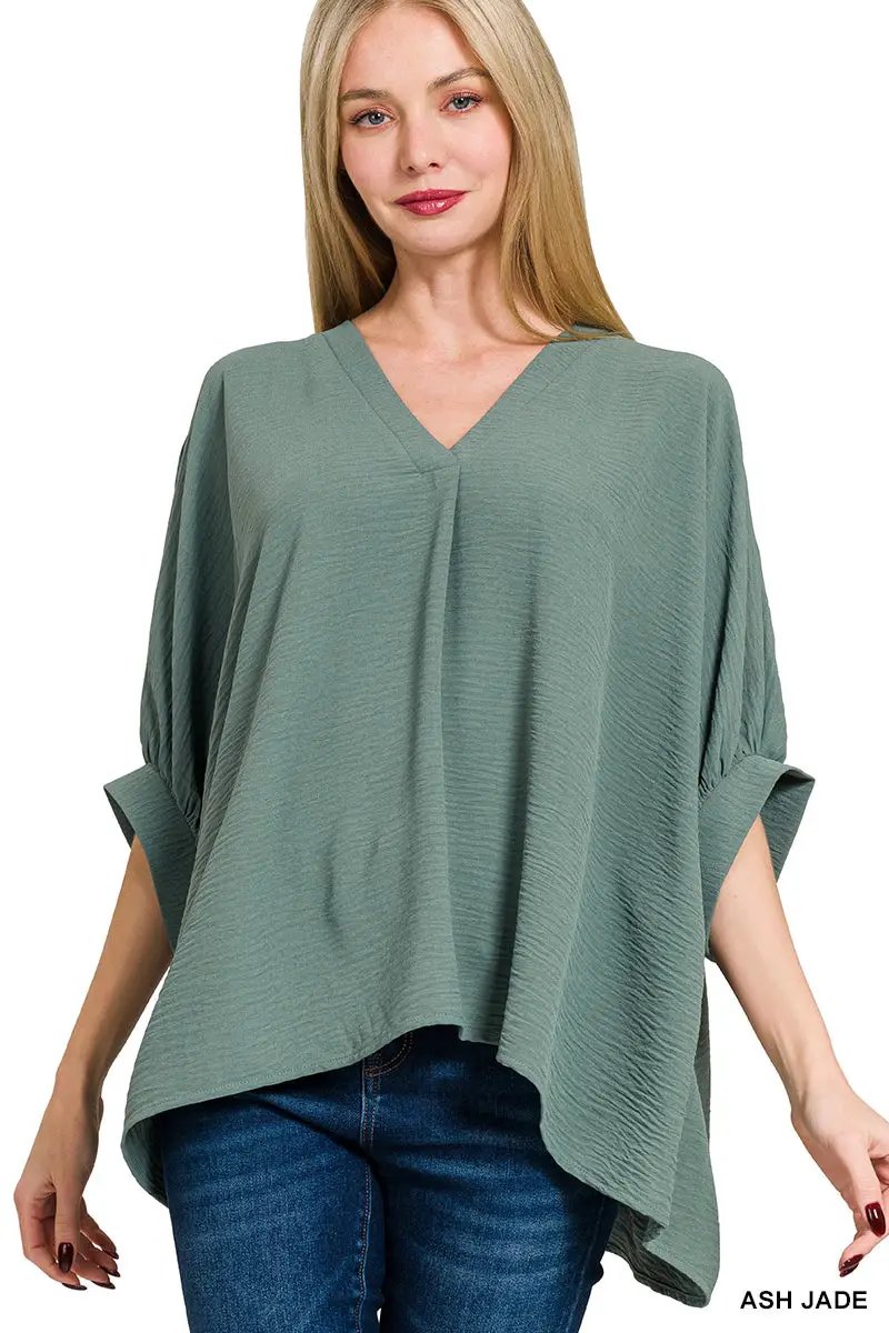 Zenana Zenana Woven Airflow V-Neck Puff Half Sleeve Top - Blouses