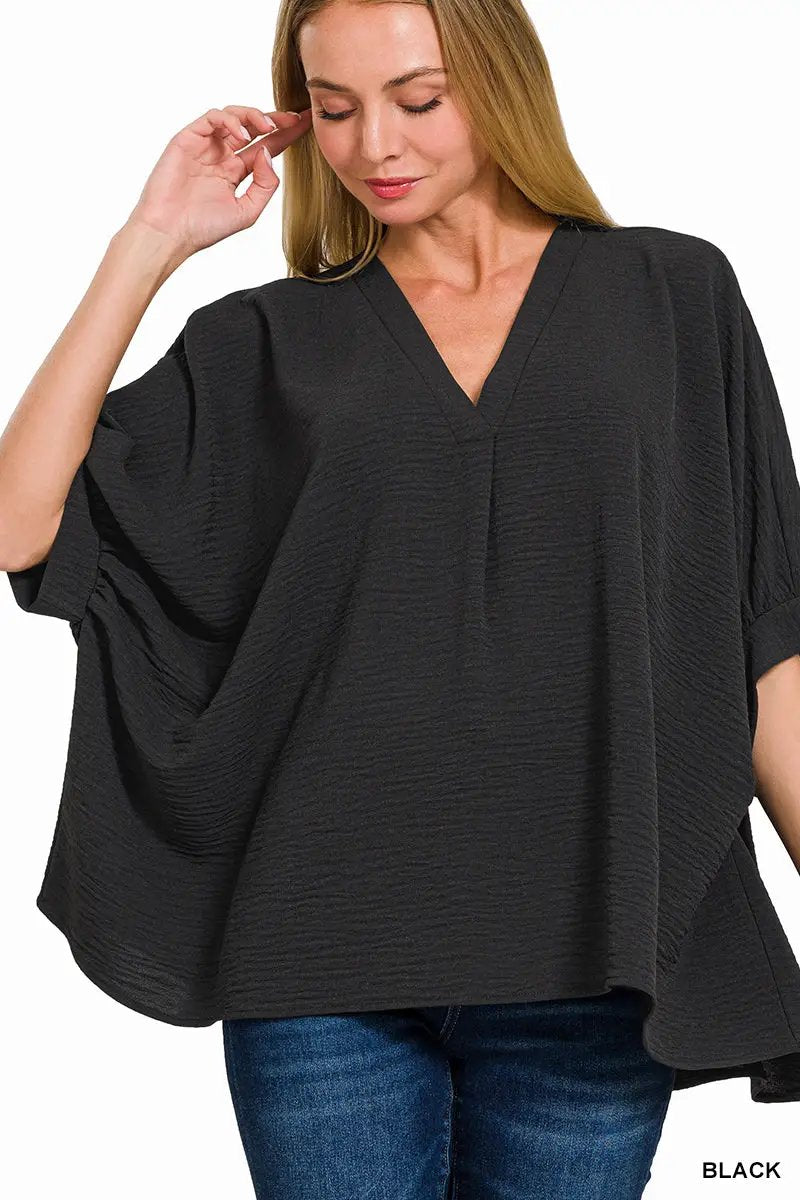 Zenana Zenana Woven Airflow V-Neck Puff Half Sleeve Top - Blouses