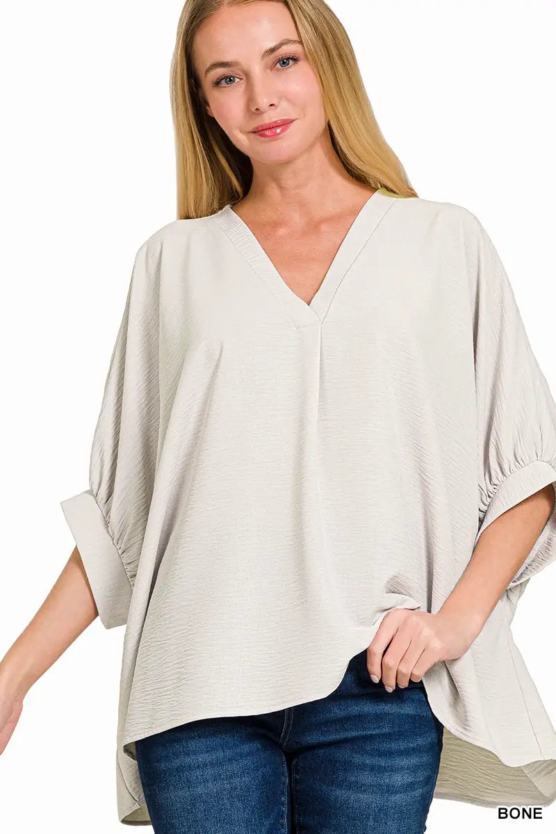 Zenana Zenana Woven Airflow V-Neck Puff Half Sleeve Top - Blouses