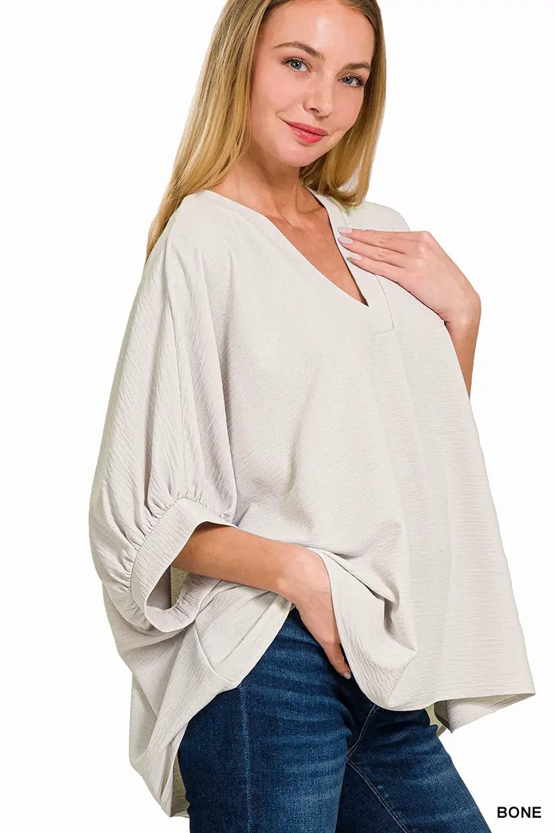 Zenana Zenana Woven Airflow V-Neck Puff Half Sleeve Top - Blouses