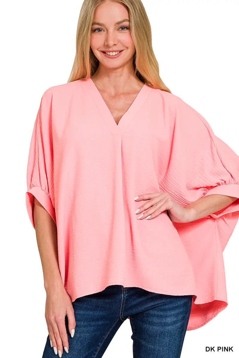 Zenana Zenana Woven Airflow V-Neck Puff Half Sleeve Top - Blouses