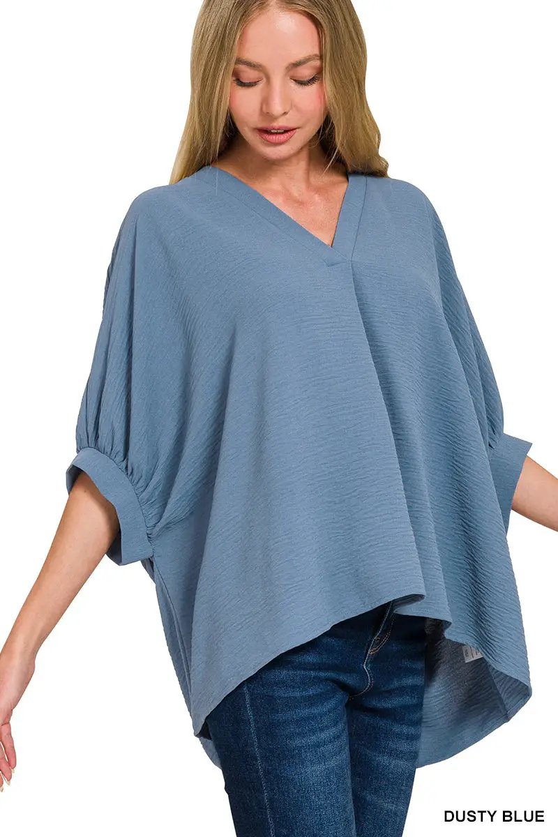 Zenana Zenana Woven Airflow V-Neck Puff Half Sleeve Top - Blouses