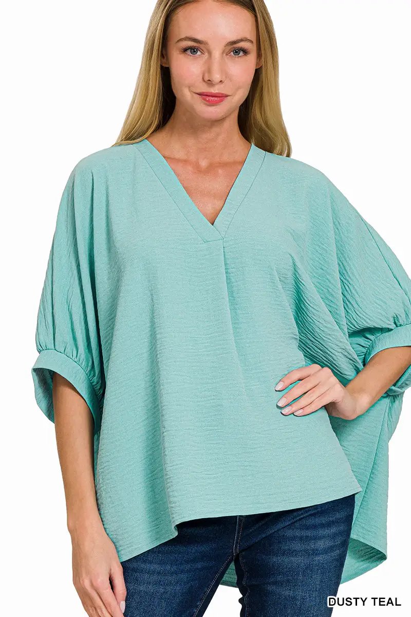 Zenana Zenana Woven Airflow V-Neck Puff Half Sleeve Top - Blouses
