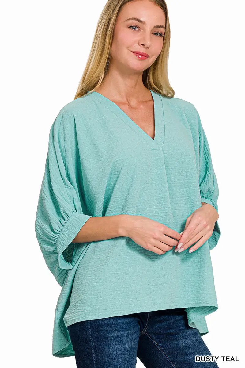 Zenana Zenana Woven Airflow V-Neck Puff Half Sleeve Top - Blouses