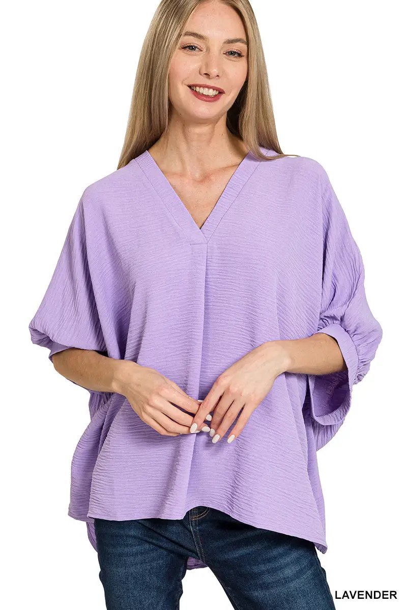 Zenana Zenana Woven Airflow V-Neck Puff Half Sleeve Top - Blouses