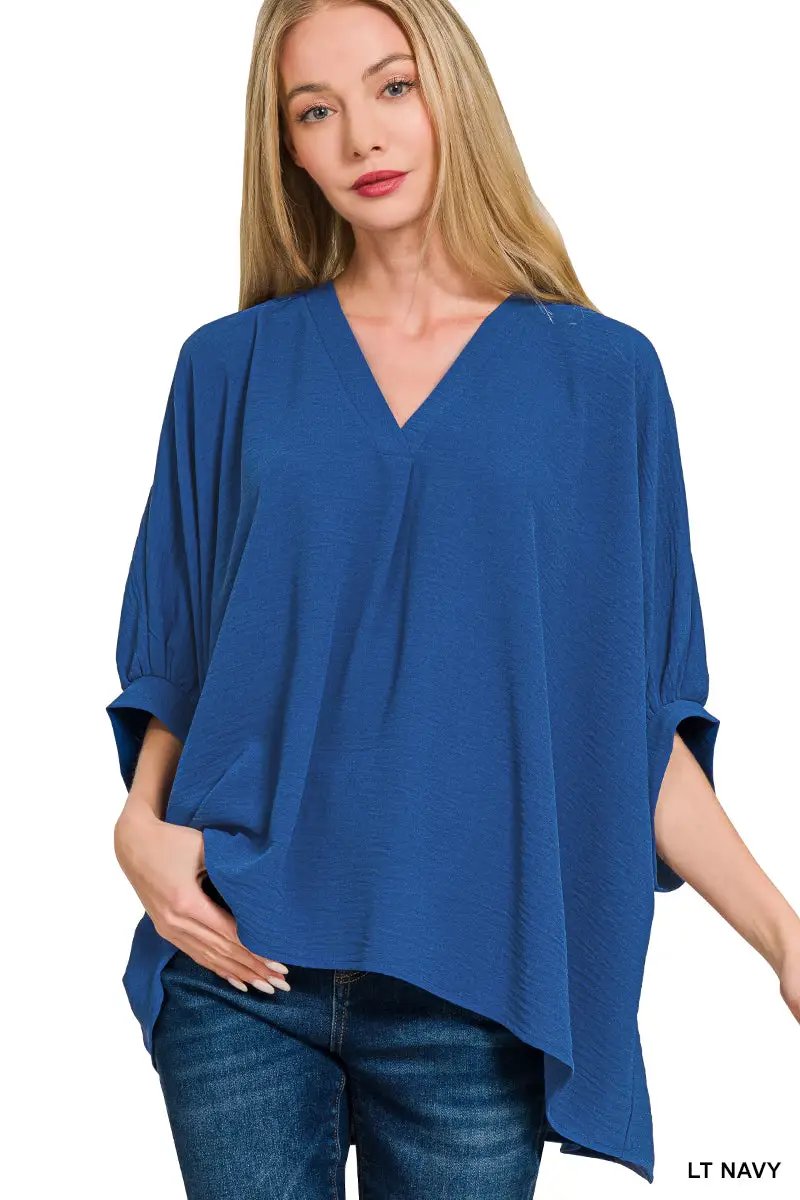 Zenana Zenana Woven Airflow V-Neck Puff Half Sleeve Top - Blouses