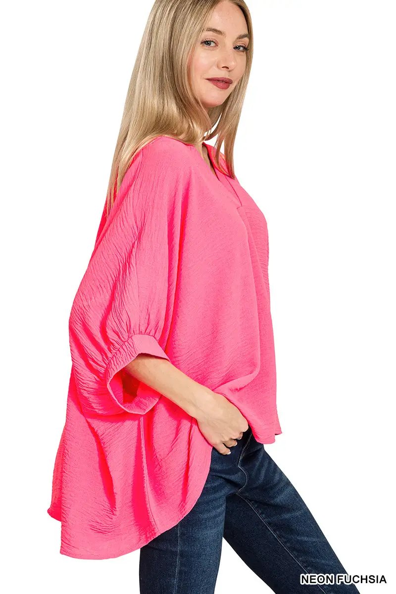 Zenana Zenana Woven Airflow V-Neck Puff Half Sleeve Top - Blouses