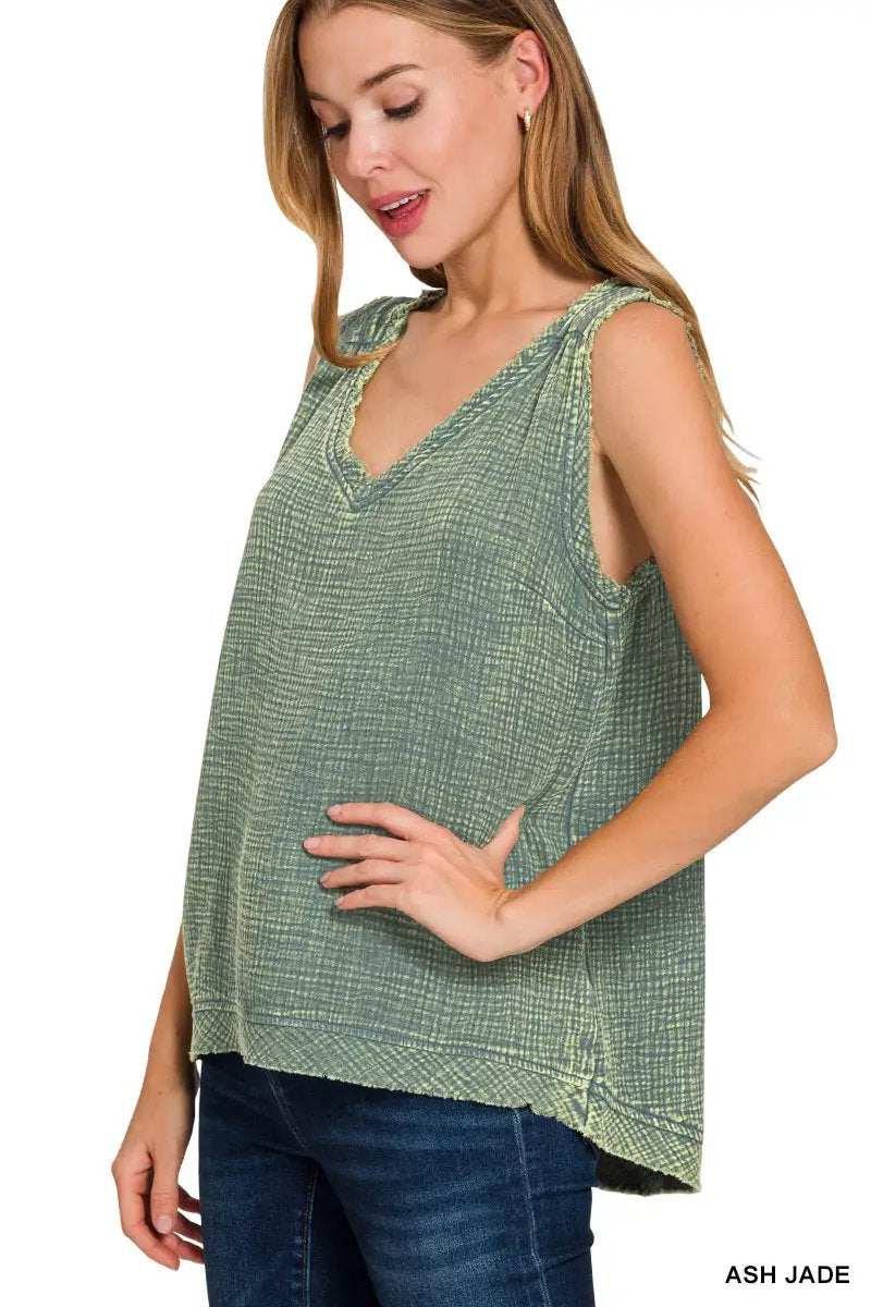 Zenana Zenana Double Gauze Raw Edge Acid Washed Tank Top - Tank Tops Zenana Double Gauze Raw Edge Acid Washed Tank Top
