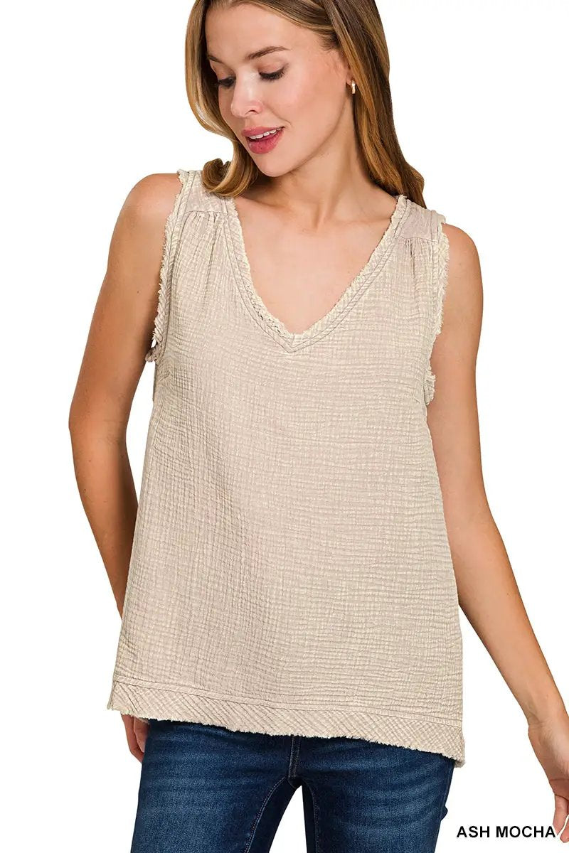 Zenana Zenana Double Gauze Raw Edge Acid Washed Tank Top - Tank Tops Zenana Double Gauze Raw Edge Acid Washed Tank Top