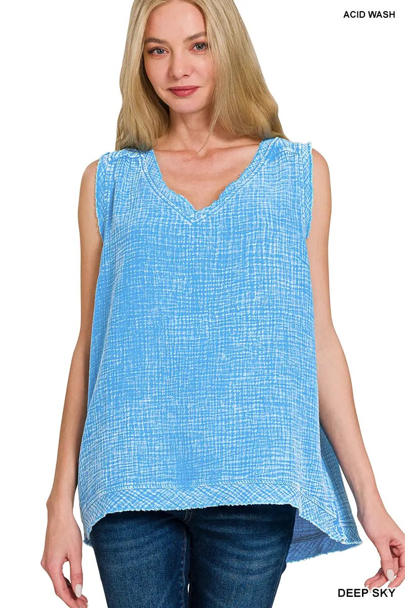 Zenana Zenana Double Gauze Raw Edge Acid Washed Tank Top - Tank Tops Zenana Double Gauze Raw Edge Acid Washed Tank Top