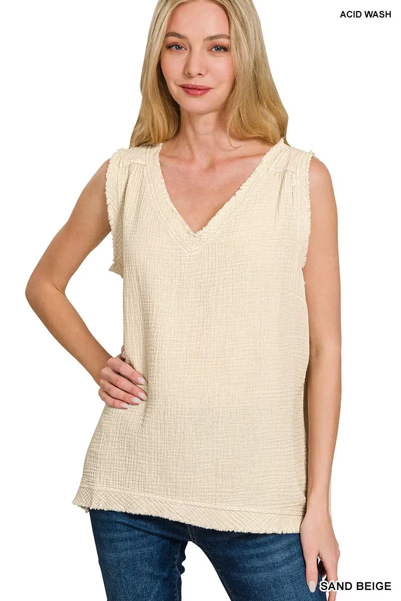 Zenana Zenana Double Gauze Raw Edge Acid Washed Tank Top - Tank Tops Zenana Double Gauze Raw Edge Acid Washed Tank Top