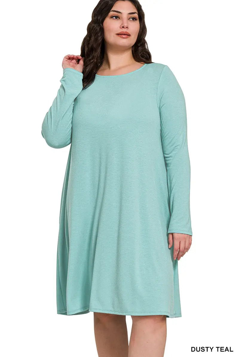 Zenana Plus long sleeve flare dress with pockets - Dresses Plus long sleeve flare dress with pockets