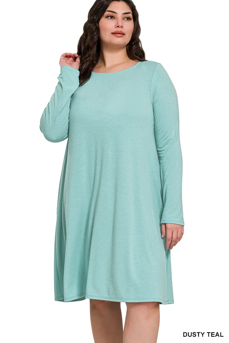 Zenana Plus long sleeve flare dress with pockets - Dresses Plus long sleeve flare dress with pockets