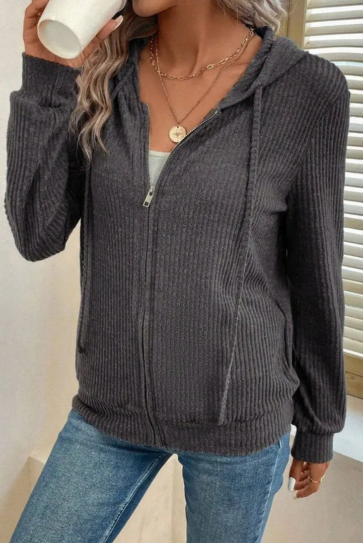 Grateful Threads Boutique Grey Ribbed Zip Up Hoodie - Hoodies Grey Ribbed Zip Up Hoodie