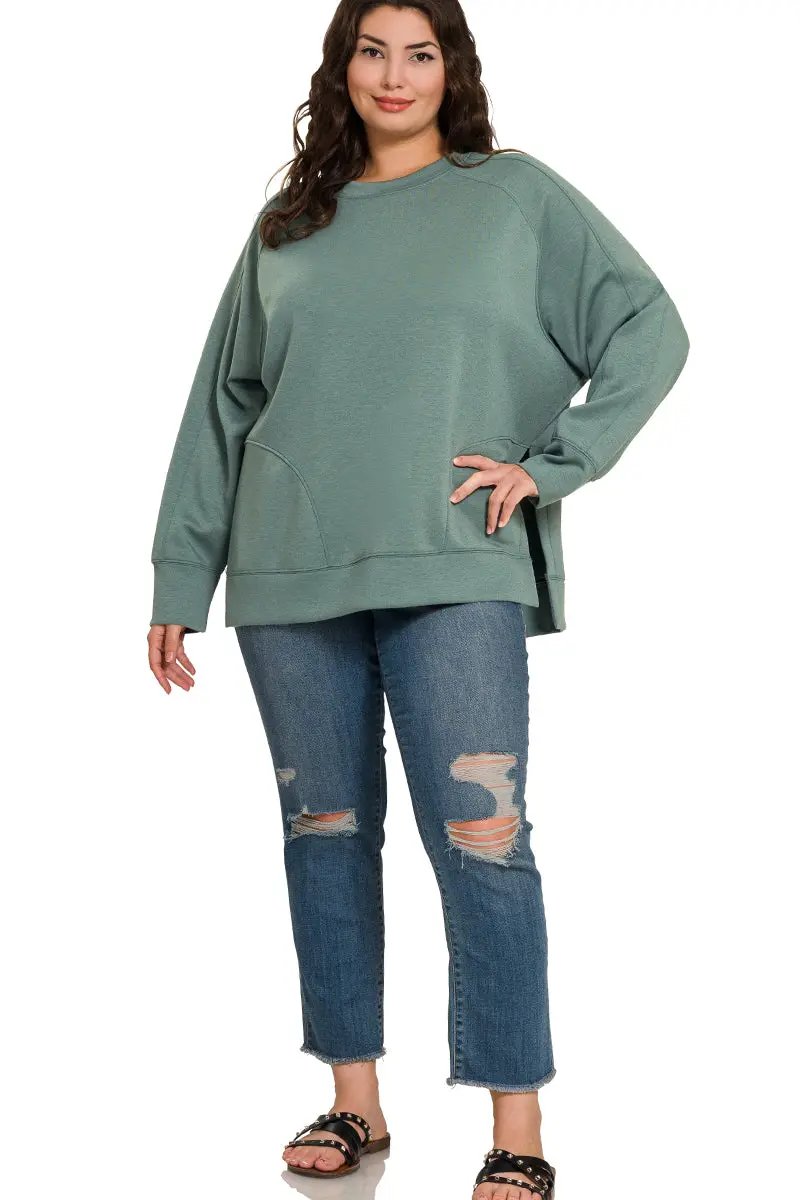 Zenana Zenana Plus Scuba Round Neck Pullover with Side Slits - Sweatshirts Zenana Plus Scuba Round Neck Pullover with Side Slits
