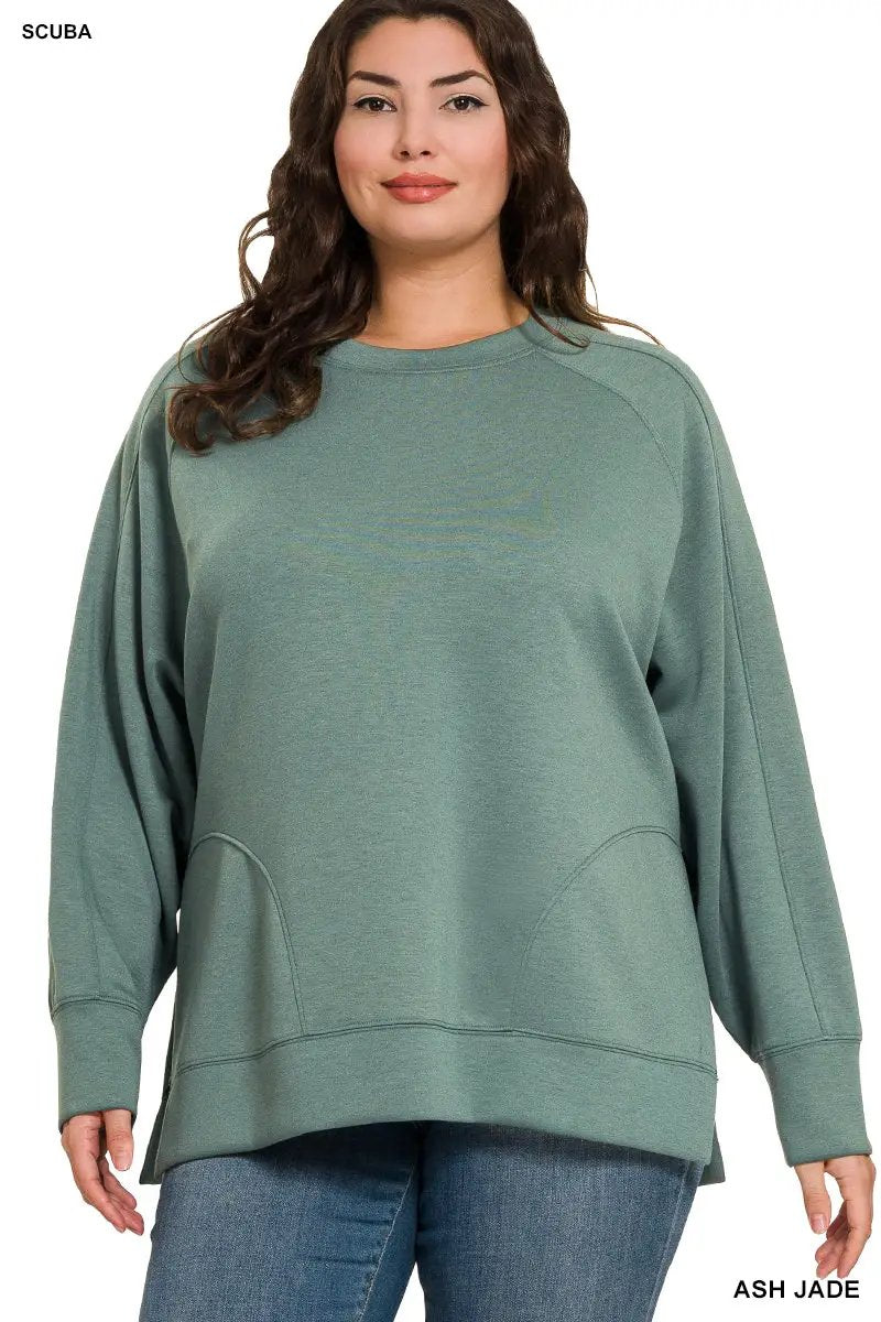 Zenana Zenana Plus Scuba Round Neck Pullover with Side Slits - Sweatshirts Zenana Plus Scuba Round Neck Pullover with Side Slits