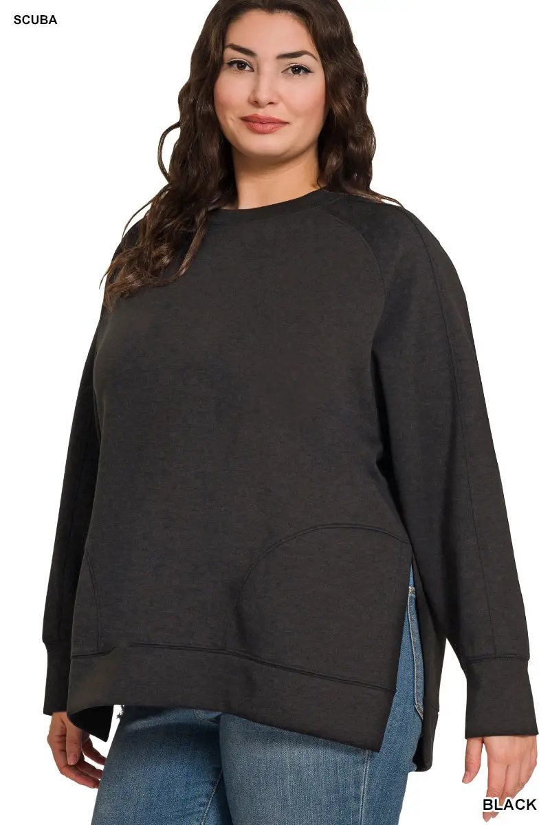 Zenana Zenana Plus Scuba Round Neck Pullover with Side Slits - Sweatshirts Zenana Plus Scuba Round Neck Pullover with Side Slits