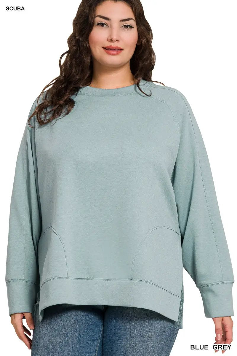 Zenana Zenana Plus Scuba Round Neck Pullover with Side Slits - Sweatshirts Zenana Plus Scuba Round Neck Pullover with Side Slits