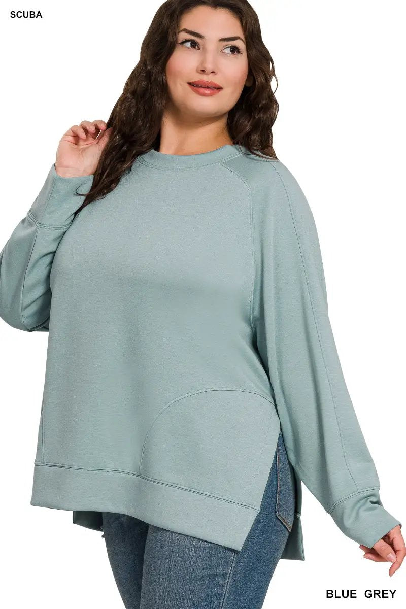 Zenana Zenana Plus Scuba Round Neck Pullover with Side Slits - Sweatshirts Zenana Plus Scuba Round Neck Pullover with Side Slits