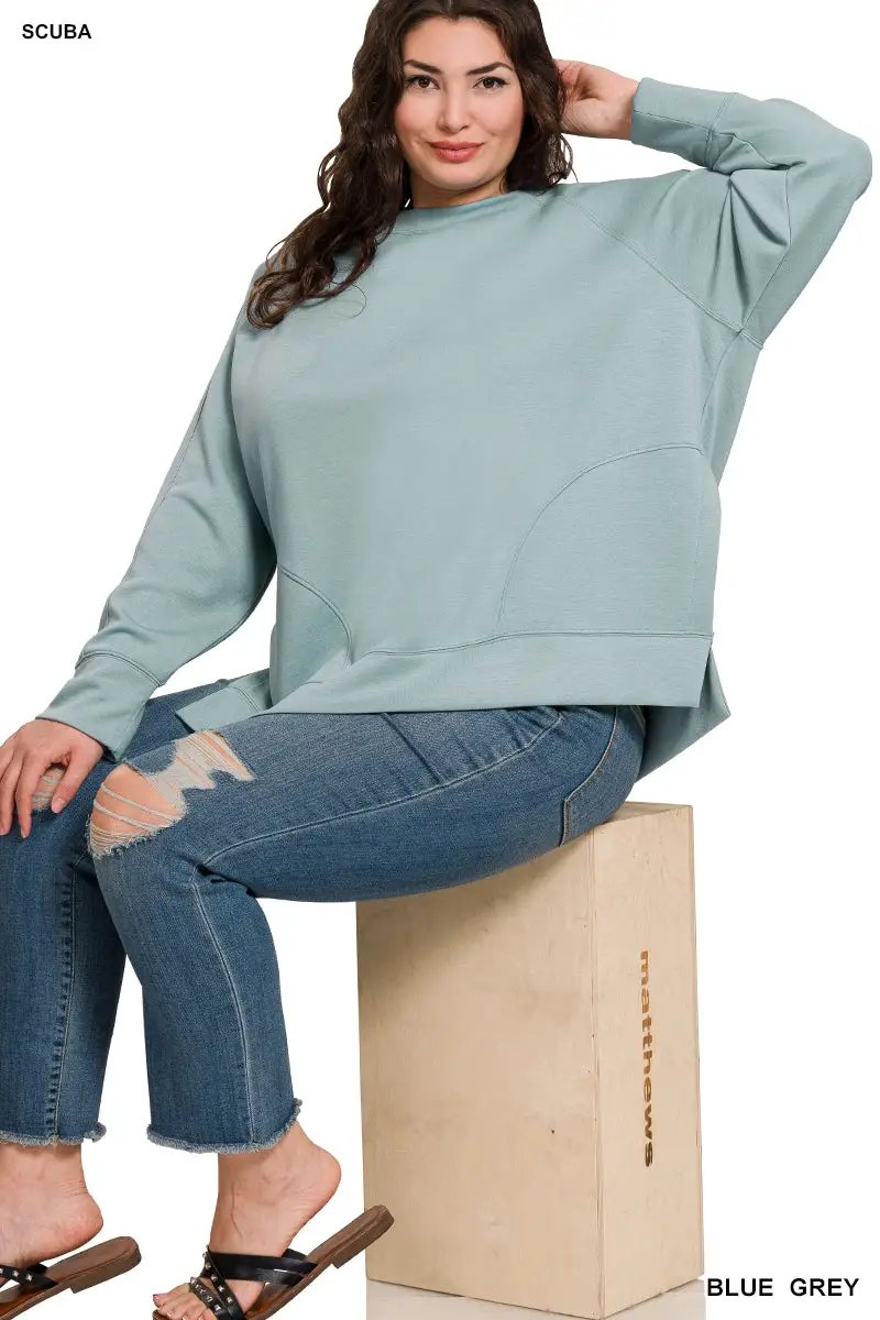 Zenana Zenana Plus Scuba Round Neck Pullover with Side Slits - Sweatshirts Zenana Plus Scuba Round Neck Pullover with Side Slits