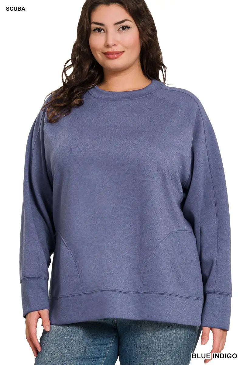 Zenana Zenana Plus Scuba Round Neck Pullover with Side Slits - Sweatshirts Zenana Plus Scuba Round Neck Pullover with Side Slits