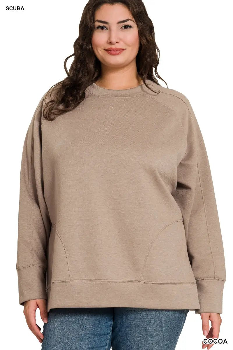 Zenana Zenana Plus Scuba Round Neck Pullover with Side Slits - Sweatshirts Zenana Plus Scuba Round Neck Pullover with Side Slits
