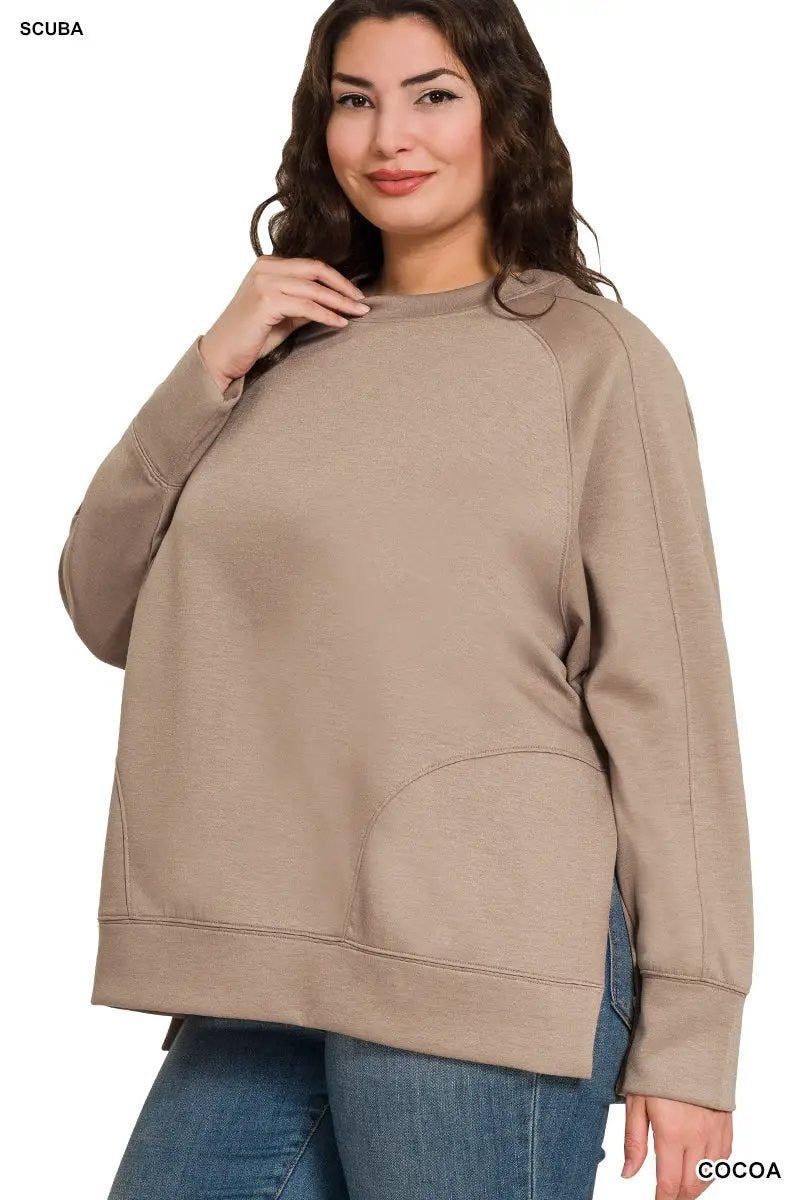 Zenana Zenana Plus Scuba Round Neck Pullover with Side Slits - Sweatshirts Zenana Plus Scuba Round Neck Pullover with Side Slits