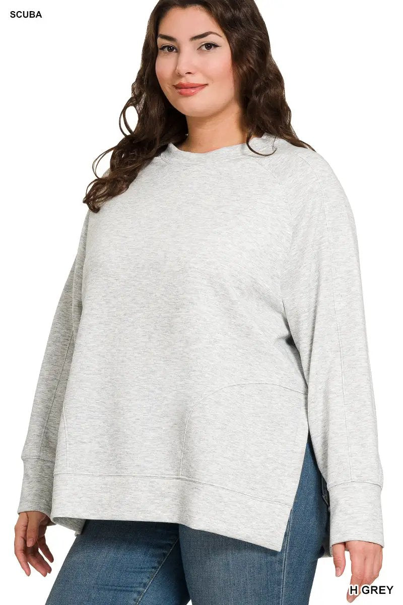 Zenana Zenana Plus Scuba Round Neck Pullover with Side Slits - Sweatshirts Zenana Plus Scuba Round Neck Pullover with Side Slits